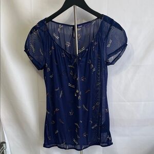 Mexx Woman’s Fairycore Navy Sheer Blouse with Butterflies and Dragonflies Print